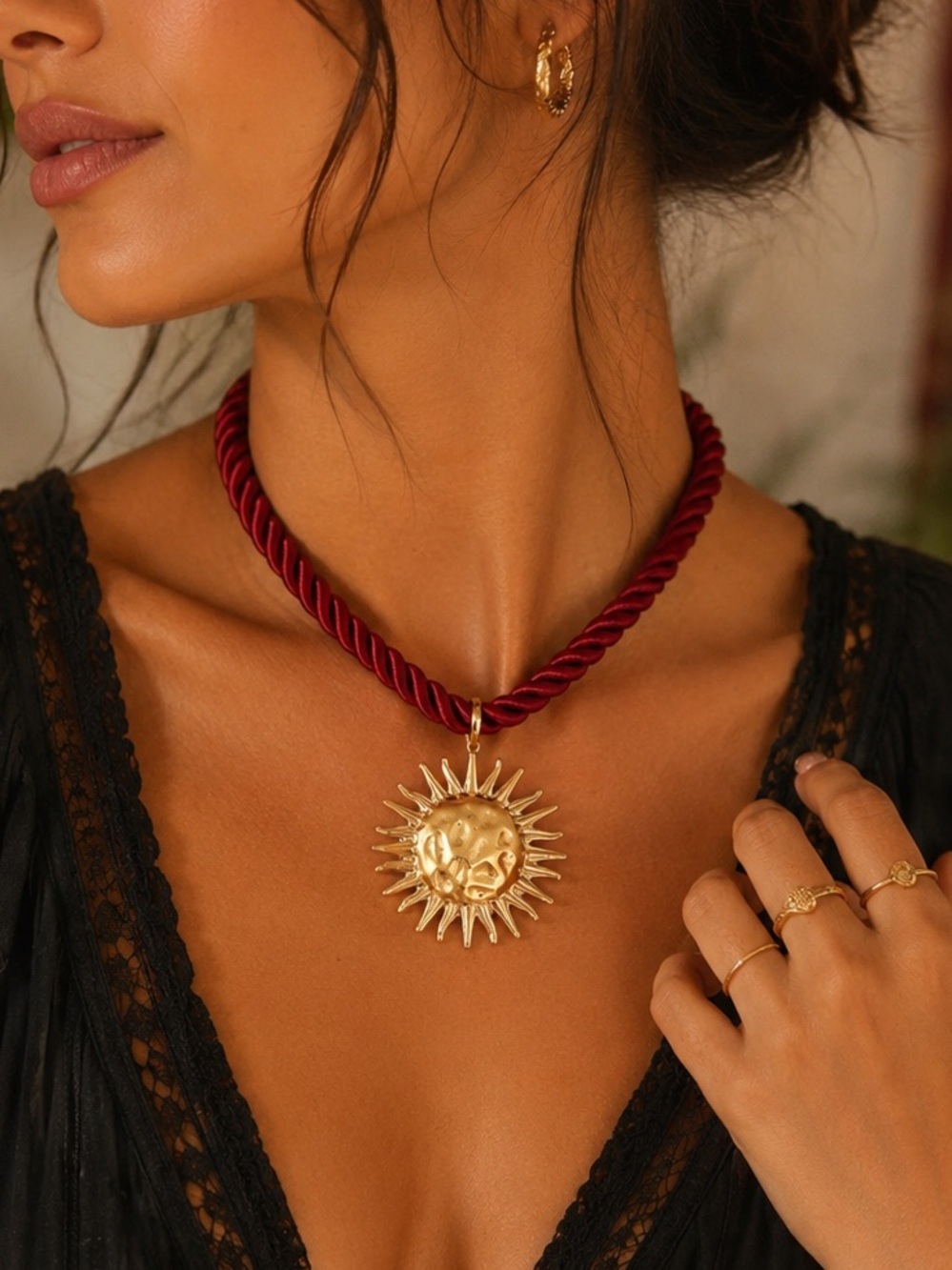 Gold Sun Pendant Necklace on Burgundy Cord - Boho Women Jewelry